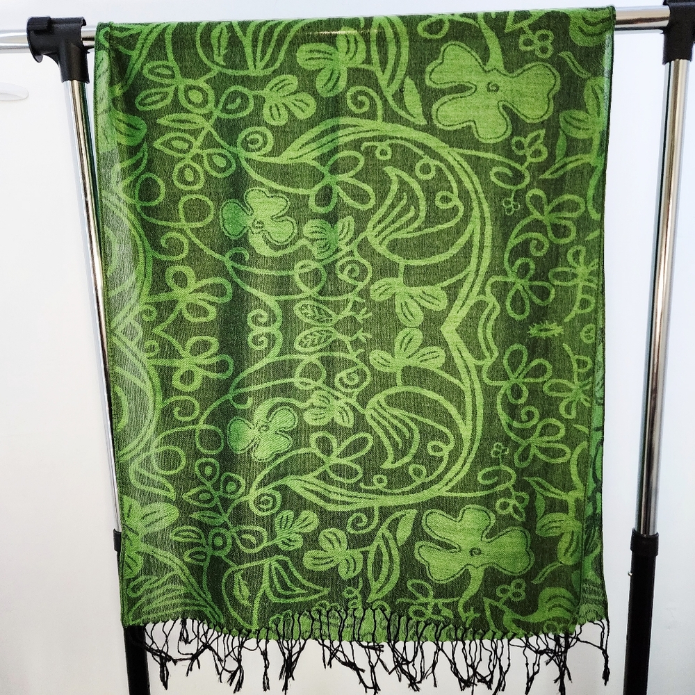 Green Floral Scarf with Fringe - Picture 2 of 4